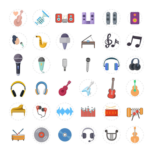 ícone de música plana com instrumentos musicais, guitarra, bateria, notas musicais, fones de ouvido, microfone
 - Vetor, Imagem