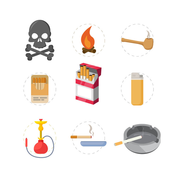 ライタータバコパイプタバコライター、火、死、 shishaと喫煙アイコンフラットセット - ベクター画像