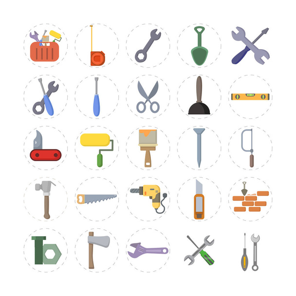 repair tools flat icon set with hammer, wrench and screwdriver, drill, nails, cutter, painting roller, saw, tool box - Vector, Image