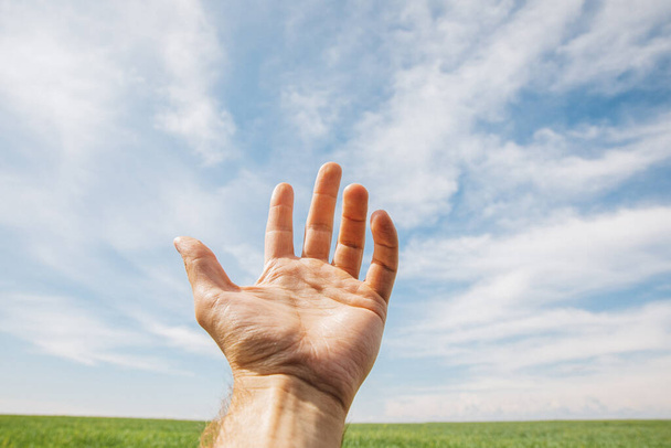 white man points his hand to a green field and a blue sky with clouds - Photo, Image