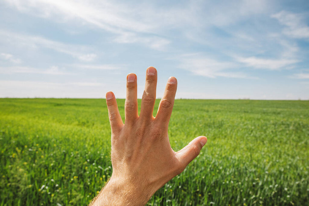 valkoinen mies osoittaa kädellään vihreää peltoa ja sinistä taivasta pilvillä
 - Valokuva, kuva