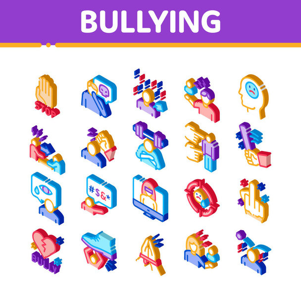 Bullying Aggression Icons Set Vector. Isometric Internet Bullying And Name-calling, Beating And Showing Indecent Gesture Illustrations - Вектор, зображення