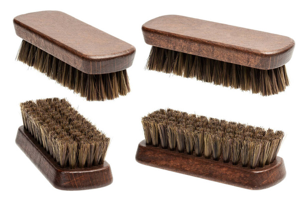 Escovas de sapatos e escova de polimento de crina isolada sobre fundo branco
 - Foto, Imagem