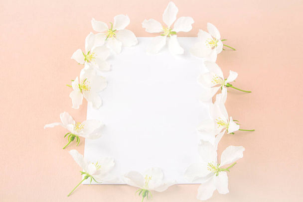 Invitation greeting card. Flat lay flowers composition for your lettering. Frame made of apple tree flowers on pink background. Top view, copy space for text, mock up. Wedding concept, backlight - Fotoğraf, Görsel