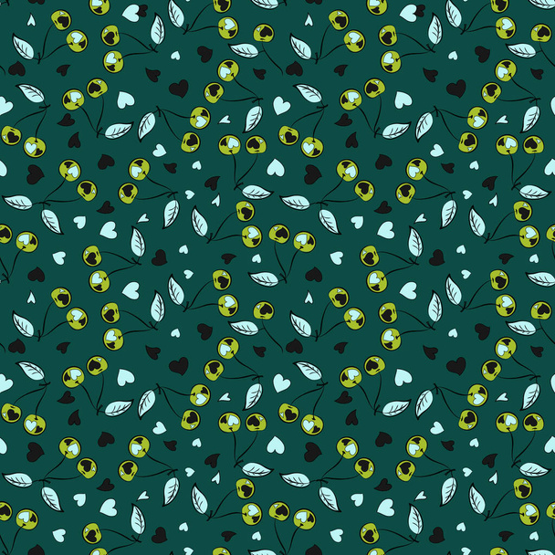 Vector cherry naadloos patroon. Handgeschilderde illustratie in groene en blauwe kleuren. - Vector, afbeelding
