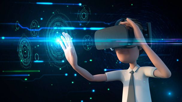 3D απόδοση άνθρωπος φορούν οφθαλμοπροσομείωση google και να αγγίξει halogra - Φωτογραφία, εικόνα