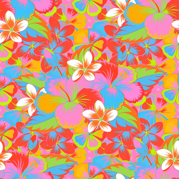 Watercolor painting effect, Raster illustration. Of orange, pink and blue hibiscus flowers, blossom with leaves isolated. Hibiscus flowers in orange, pink and blue colors. Hand drawn sketch. - Vector, imagen