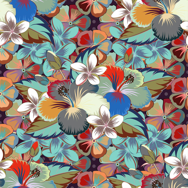 ハイビスカスの花と茶色、灰色と青の色の葉を持つベクトルシームレスな花パターン. - ベクター画像