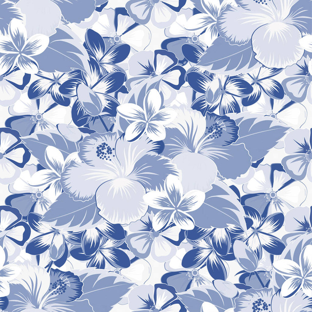 Patrón sin costura floral. Ilustración vectorial. Papel de primavera con flores abstractas de hibisco lindo en colores blanco, azul y gris
. - Vector, imagen