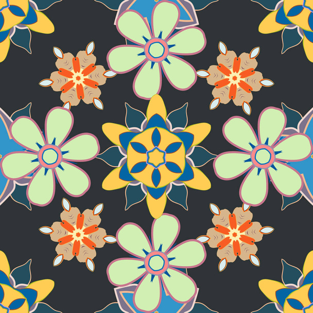 1950s-1960s motifs. Abstract seamless vector pattern with hand drawn floral elements. Retro textile design collection. Silk scarf with blooming flowers in yellow, blue and gray colors. Autumn colors. - Vettoriali, immagini