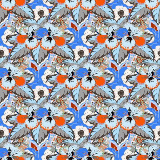 Cute floral seamless pattern. Textile print for bed linen, jacket, package design, fabric and fashion concepts. Gray, blue and orange hibiscus pattern. Exotic vector seamless pattern floral design. - Wektor, obraz