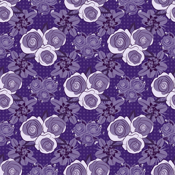 Spring abstract background with violet, brown and gray roses. Flower blossom petal blooming illustration. Rose seamless pattern in violet, brown and gray colors. - Vektor, Bild
