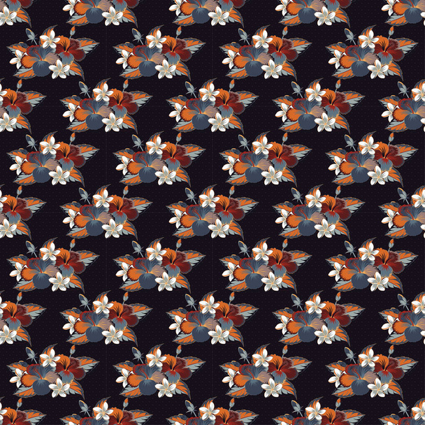 Raster illustration. Raster seamless pattern of Hawaiian Aloha Shirt seamless design in gray, blue and orange colors. - Вектор,изображение