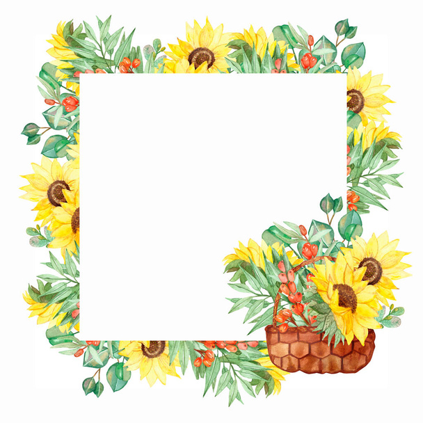 Watercolor hand painted nature garden floral squared border frame with yellow sunflower, orange sea buckthorn and green eucalyptus leaves on branches in wicker basket for invite and greeting cards - Φωτογραφία, εικόνα