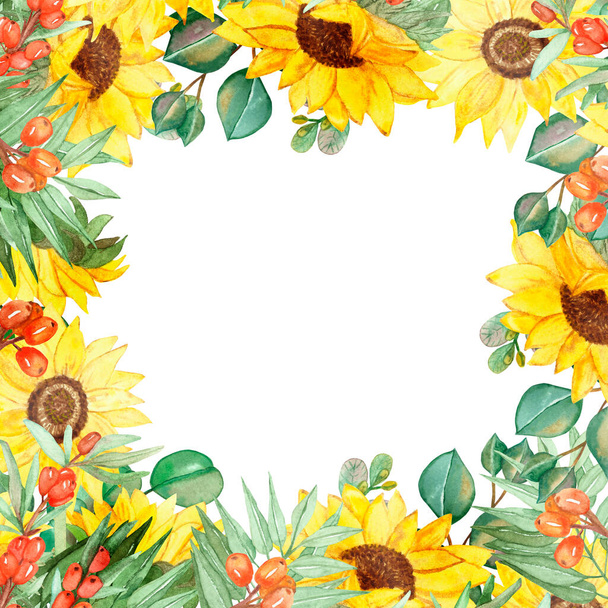 Watercolor hand painted nature garden meadow squared border frame with yellow sunflowers, orange sea buckthorn berries and green eucalyptus leaves on branch bouquet for invite and greeting cards - Foto, Bild