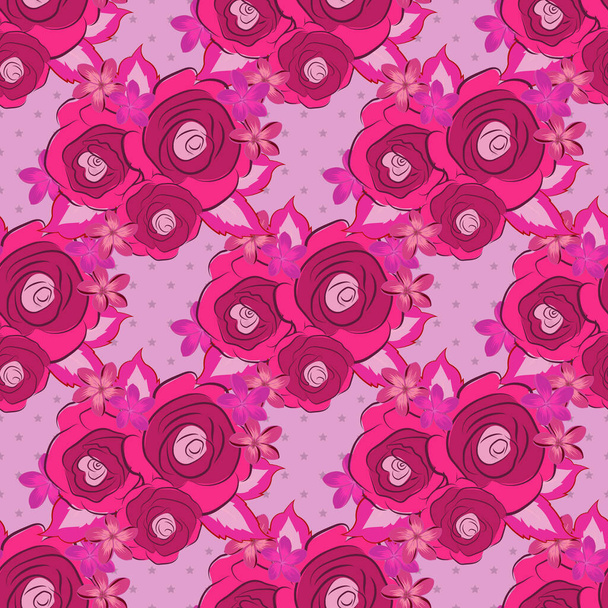 Vektor. Romantisches, nahtloses Muster mit einem Aquarellstrauß aus abstrakten Rosenblüten und grünen Blättern in rosa, lila und magenta Farben. Für Hintergründe, Textilien, Geschenkpapier, Grußkarten. - Vektor, Bild