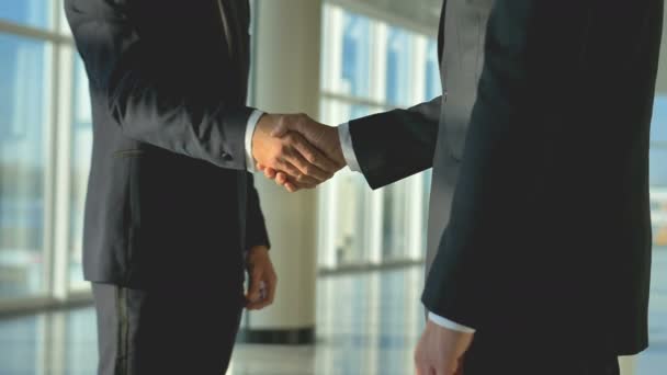 Os dois homens de negócios apertam a mão no corredor do escritório. câmara lenta
 - Filmagem, Vídeo