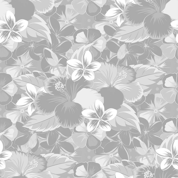 Seamless Raster illustration. Summer hawaiian seamless pattern with tropical plants and white and gray hibiscus flowers. - Wektor, obraz