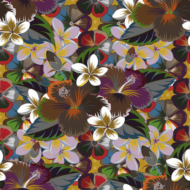 Vektorikuvitus. Perinteinen Intian kukka saumaton kuvio kirjava hibiscus kukkia violetti, ruskea ja harmaa värejä. - Vektori, kuva