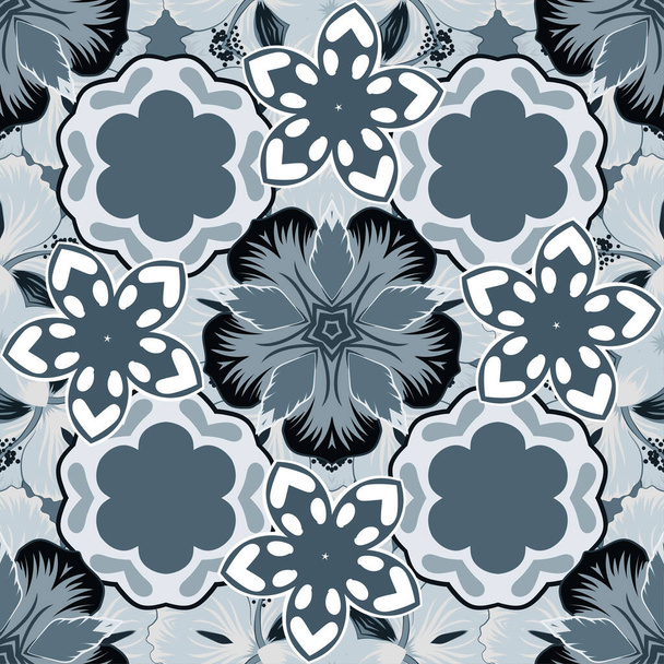 Vector illustration. Gray, black and blue shiny ornament, damask seamless pattern, abstract shapes. - Вектор, зображення