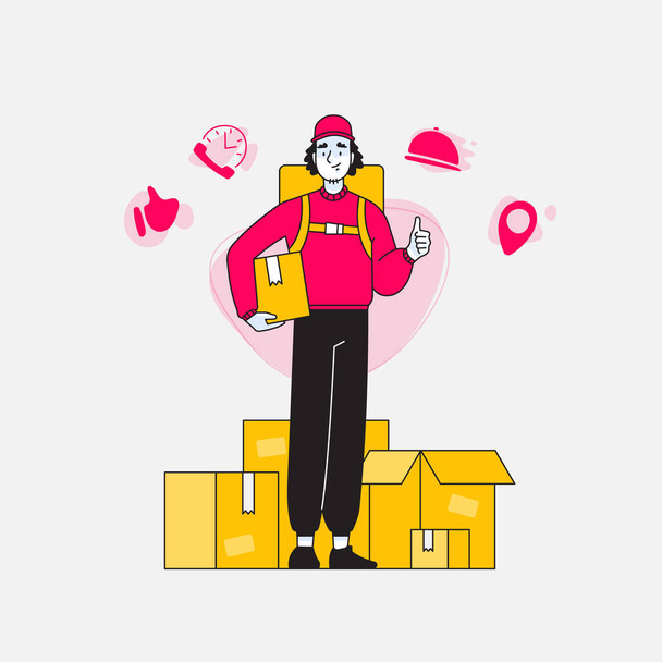 Delivery, happy delivery man or guy standing in front of boxes or packages, carrying box in other hand, delivery service icons around his head vector illustration - Vector, Image