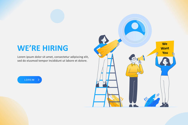 We are hiring banner, job offer concept, searching for candidates for work. People holding sign and megaphone for announcement, vector illustration - Vector, Image
