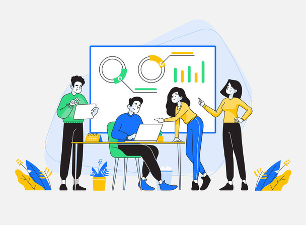 Teamwork concept. Young office people working as a team in office, female employee pointing on laptop screen, man analyzing reports on tablet, office worker showing presentation, vector illustration - Vector, Image