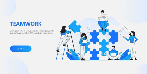 Teamwork and cooperation concept. Happy young office people combining jigsaw puzzle pieces together, office staff brainstorming on a new project, idea and solution concept, vector illustration - Vector, Image