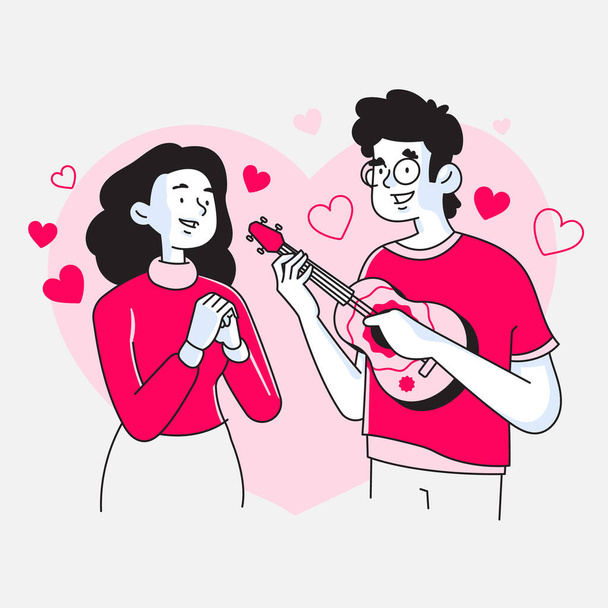Pár slaví Valentýna, muž nebo přítel hraje píseň na ukulele zapůsobit na ženu nebo jeho přítelkyni a dělá ji šťastnou, srdce v pozadí, vektorové ilustrace - Vektor, obrázek