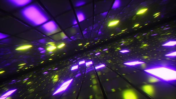Abstraktes Fliegen im endlosen Raum aus Neon- und Metallwürfeln. Modernes gelb-violettes Farbspektrum des Lichts. 3D-Illustration - Foto, Bild