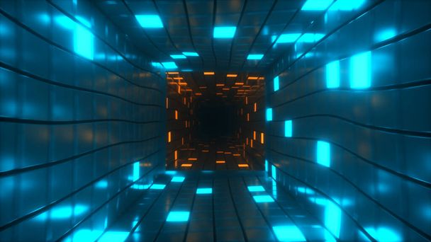 Abstract vliegen in futuristische gang achtergrond, fluorescerend ultraviolet licht, gloeiende kleurrijke neon blokjes, geometrische eindeloze tunnel, 3d illustratie - Foto, afbeelding
