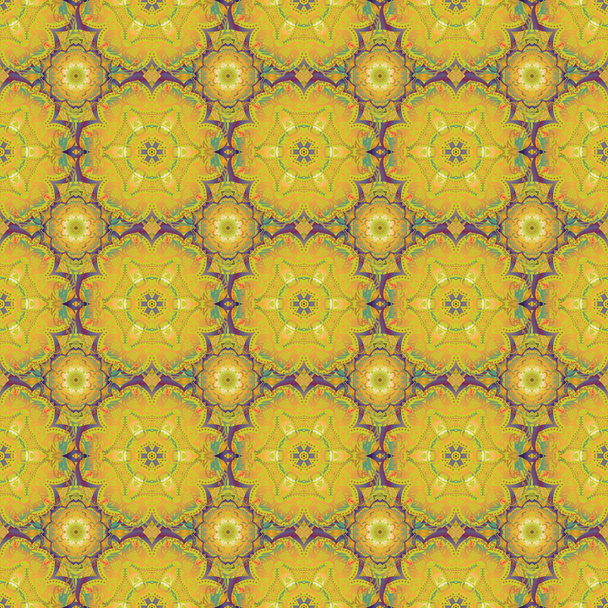 Damast naadloos bloemenpatroon in gele, bruine en groene kleuren. Vector stijlvol ornament. Royal wallpaper met abstracte bloemen. - Vector, afbeelding