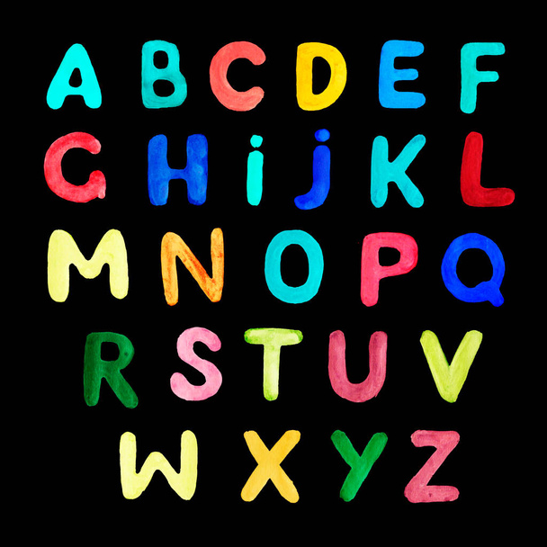 English alphabet hand-drawn colored. Children's illustration. Funny, cartoony, cute. Print, textile, paper, background. attern. Letters of different colors. - 写真・画像