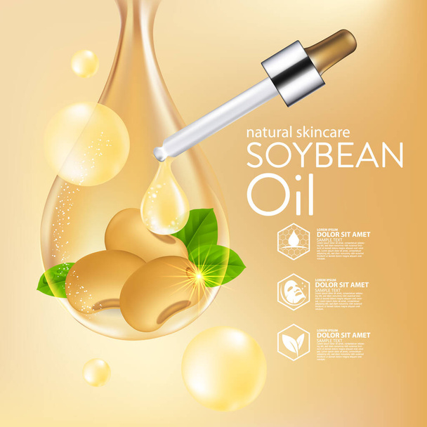 Sojabohnen-Öl-Serum Natürliche Hautpflege Kosmetik. Feuchtigkeit Essenz Vektor Illustration. - Vektor, Bild