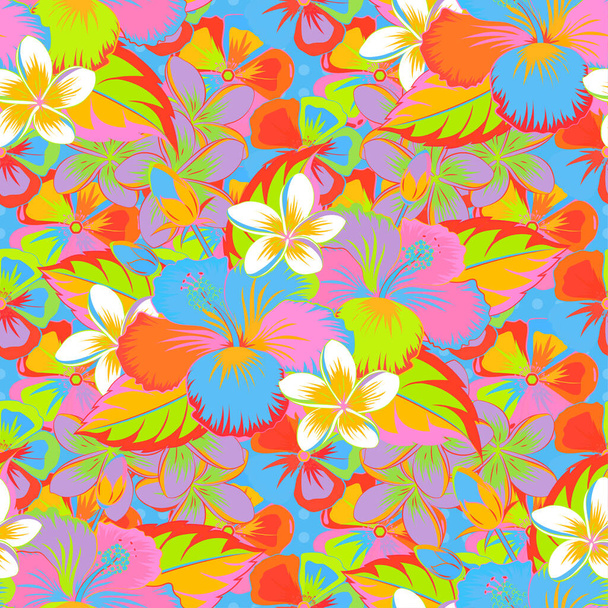 Vector illustration. Seamless pattern with cute hibiscus flowers in blue, green and orange colors. - Vector, imagen