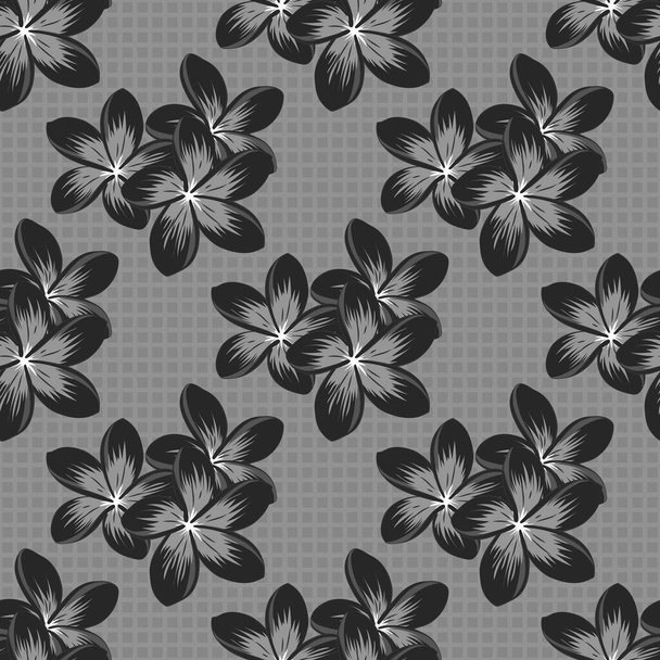 Modelo floral moderno de plumeria con plumerias reales. Modelo oriente coloreado en colores negros y grises. Decoración floral sin costuras. - Vector, Imagen