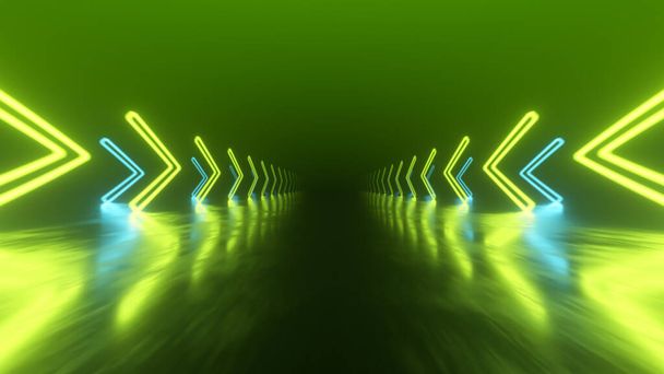 Volo veloce nello spazio con la direzione di movimento delle frecce al neon. Sfondo laser astratto. Illustrazione 3d
 - Foto, immagini