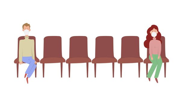 Two people sitting distance apart on row of chairs  - social distancing to prevent or protect themselves from contracting coronavirus covid-19 during virus outbreak - Vector, imagen