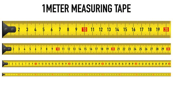 žlutý ukazatel vektorové pásky metrický centimetr ilustrace na bílém pozadí. jeden dlouhý rovný nástroj velikosti 100 cm. skladové konstrukce nástroj pravidlo milimetr vzdálenost práce - Vektor, obrázek