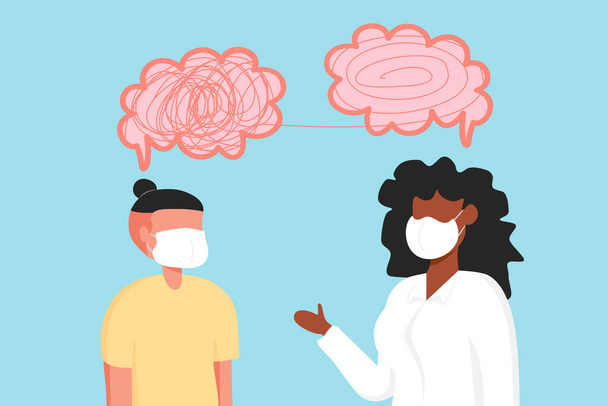 Illustrations design of psychotherapy counseling. Mental health concept. Psychologist woman and young man wear face mask and patient in therapy session. Treatment of stress, addictions and mental problems. - Vector, Image