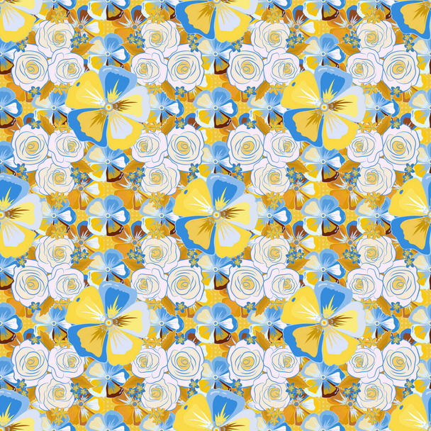 Vector illustration. Traditional Indian floral seamless pattern with motley cosmos flowers in yellow, blue and beige colors. - Vector, afbeelding