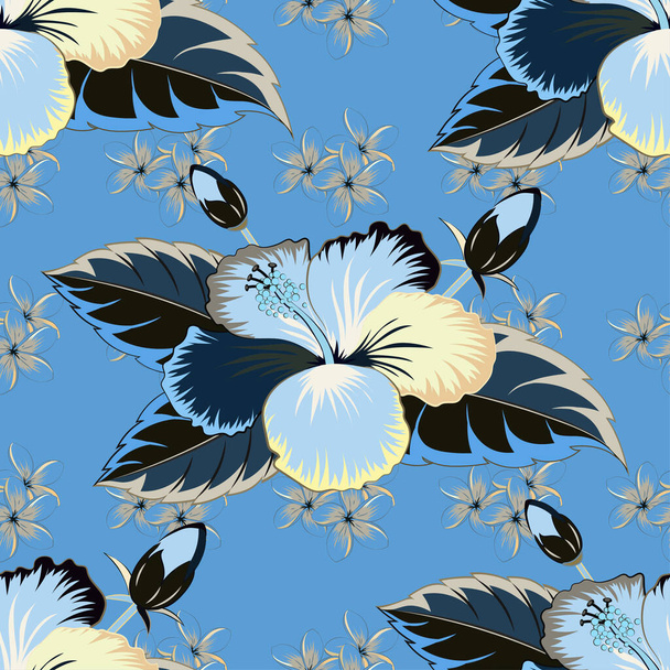 Watercolor floral seamless pattern. Textile print for bed linen, jacket, package design, fabric or fashion concepts. Exotic vector seamless pattern floral design. Blue, black and gray hibiscus pattern - Vector, afbeelding