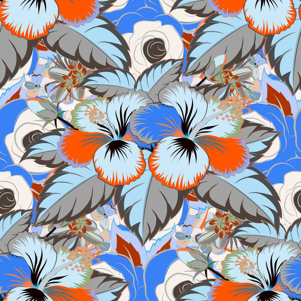 Cute floral seamless pattern. Textile print for bed linen, jacket, package design, fabric and fashion concepts. Gray, blue and orange hibiscus pattern. Exotic vector seamless pattern floral design. - Vector, Image