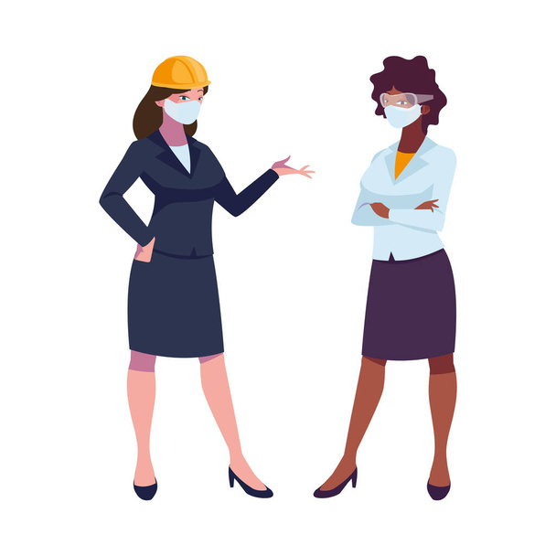 ipari női munkavállalók arcmaszkkal - Vektor, kép