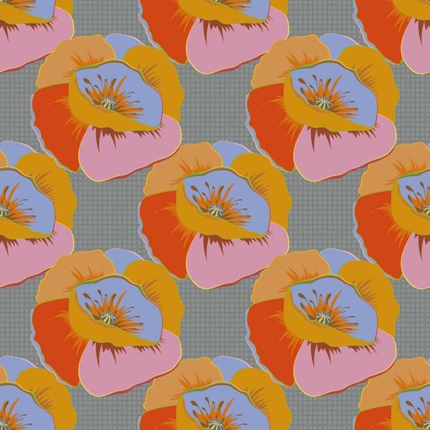 Beautiful abstract decorative poppy flowers in yellow, orange and gray colors. Vector watercolor seamless pattern. - Vector, Image