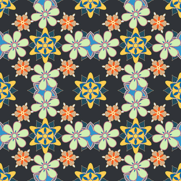 Jesienne kolory. Kolekcja wzornictwa tkanin Retro. Abstrakcyjny bezszwowy wzór rastrowy z ręcznie rysowanymi elementami kwiatowymi. Motywy lat 50-tych-60-tych. Jedwabny szalik z kwitnącymi kwiatami w kolorze żółtym, niebieskim i szarym. - Wektor, obraz