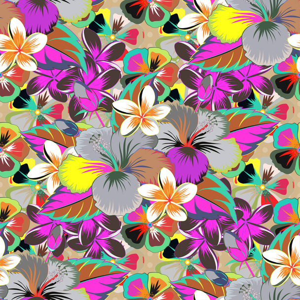 Mignon imprimé de fleurs d'hibiscus. Motif floral vintage sans couture dans les couleurs marron, vert et gris
. - Vecteur, image