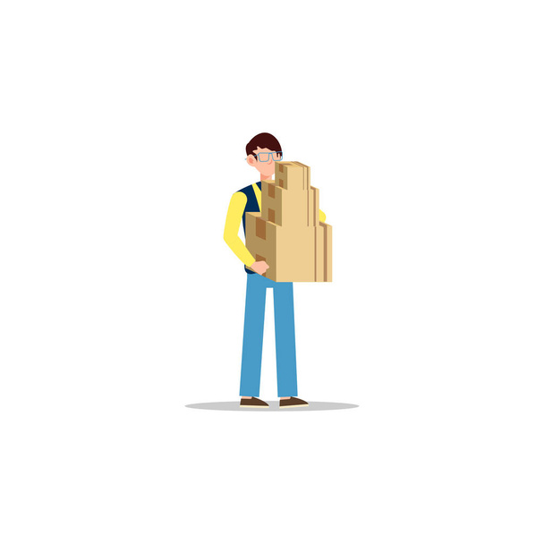 Мультяшна ілюстрація персонажа молодої людини кур'єрської доставки, що стоїть, несе три коробки. Плоский дизайн ізольований на білому тлі
. - Вектор, зображення