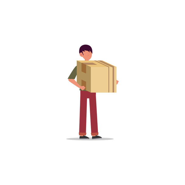 Zeichentrickfigur Illustration eines jungen Mannes Kurierdienst stehend tragen die Schachtel. Flaches Design isoliert auf weißem Hintergrund. - Vektor, Bild