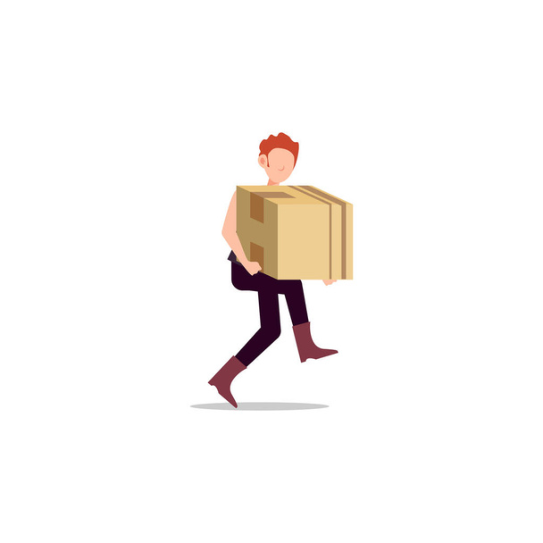 Мультяшна ілюстрація персонажа молодої людини кур'єрської доставки, що біжить, несе коробку. Плоский дизайн ізольований на білому тлі
. - Вектор, зображення